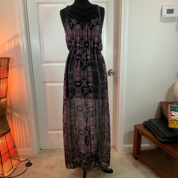 Free People Lace Boho Festival Moroccan Printed Yoke Maxi Dress Size 6 - Picture 12 of 12